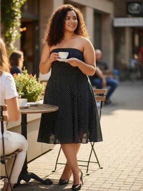 J. Crew Black Strapless Polka Dot Midi Dress